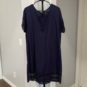 For Cynthia Linen Viscose Blend Navy Blue Short Sleeve Eyelet Mini Dress Size XL